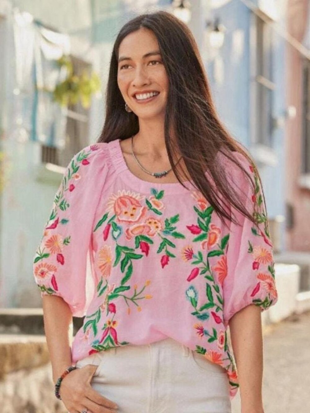 Sundance Floral Embroidered 100% Ramie Bohemian Blouse 3/4 Puff Sleeve Pink